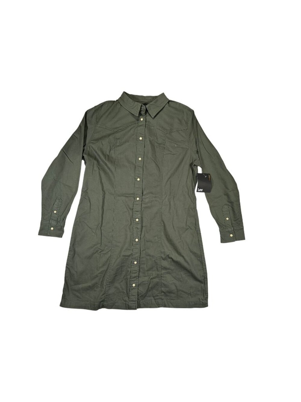 Lee Womens Heritage Button-Front Shirt Dress XL Olive Gray Stretchy Cuffed